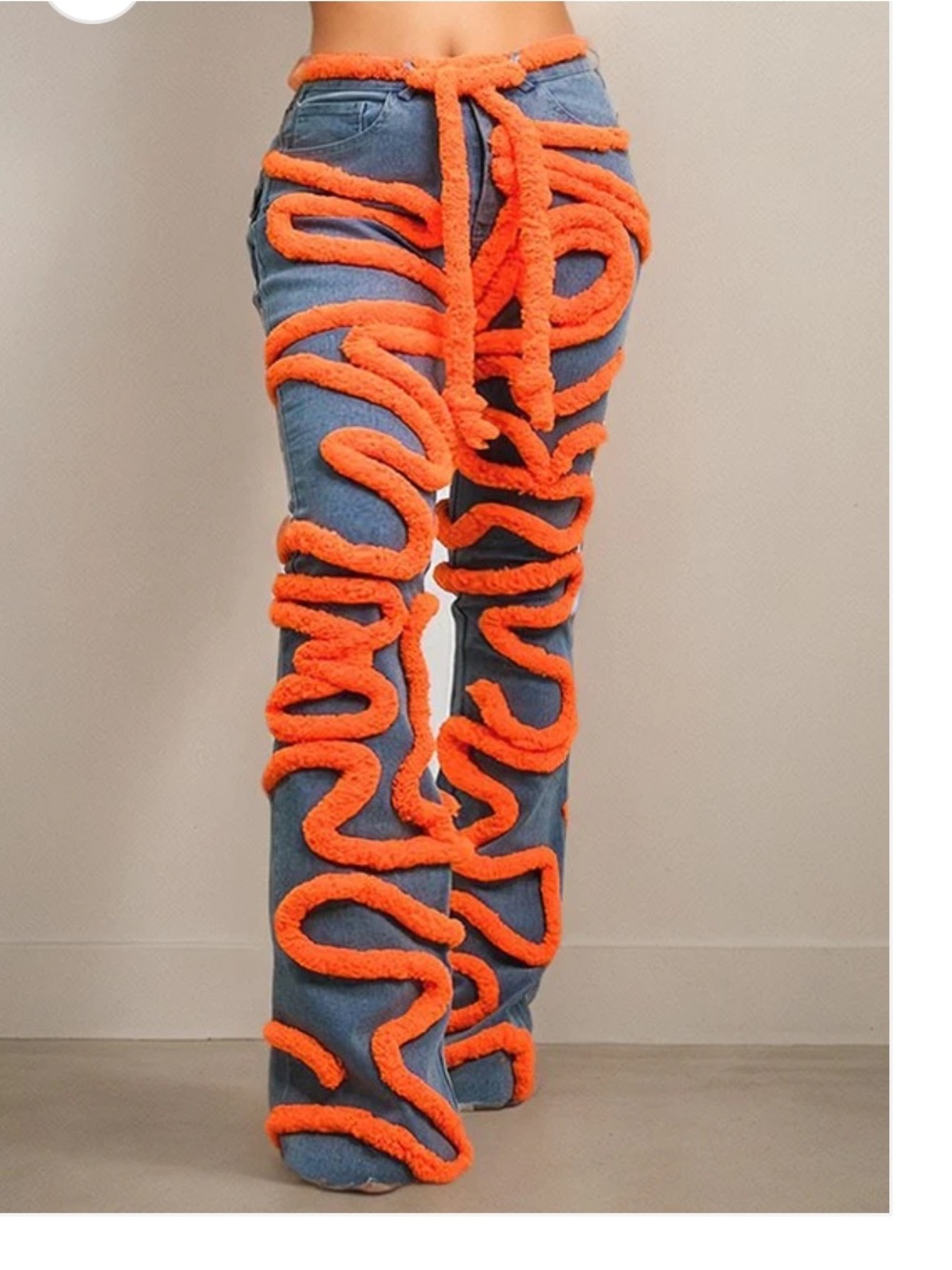 Athina High-Waist Blue Denim Wide-Leg Jeans with Orange Plush Trim Large New